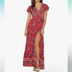 Chic Red Floral Wrap Dress